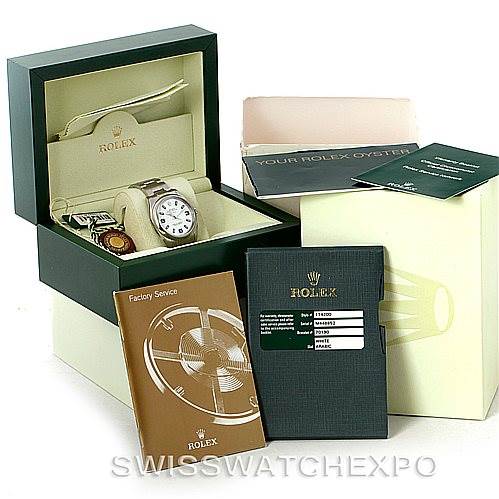 The image shows a Rolex Air-King 114200 Men's Stainless Steel White Dial 114200 Men's Stainless Steel White Dial watch at a frontal angle, along with the box, manuals, and certification cards.