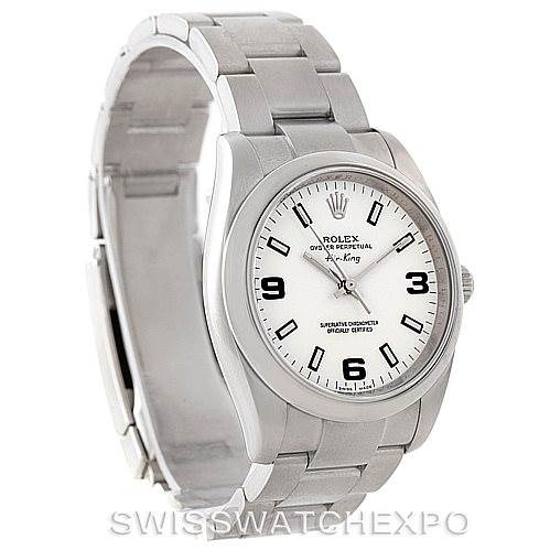 This image shows the front and side angle of the Rolex Air-King 114200 Men's Stainless Steel White Dial 114200 Men's Stainless Steel White Dial watch, highlighting its white dial and stainless steel bracelet.