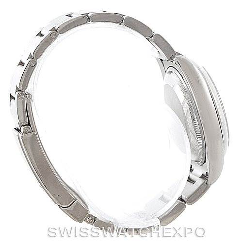 The image shows a side profile of a Rolex Air-King 114200 Men's Stainless Steel White Dial 114200 Men's Stainless Steel White Dial watch focusing on the bracelet and case.