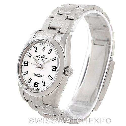 The image shows a Rolex Air-King 114200 Men's Stainless Steel White Dial 114200 Men's Stainless Steel White Dial watch at a slight angle, highlighting its bracelet, case, and dial.