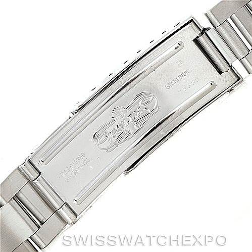 This image shows the stainless steel clasp of a Rolex Air-King 14000 Men's Stainless Steel Pink Dial 14000 Men's Stainless Steel Pink Dial watch bracelet, viewed from underneath.