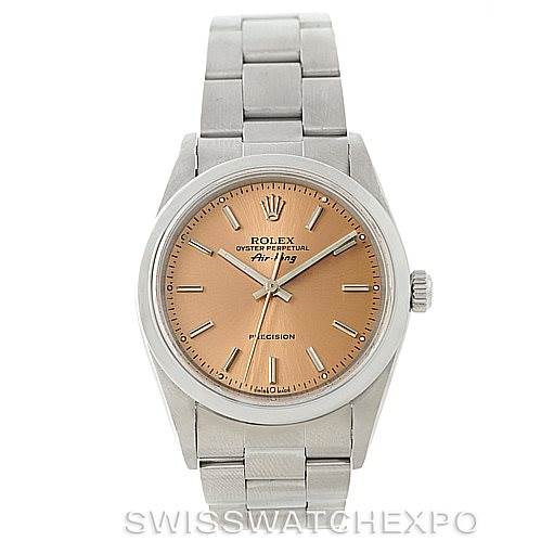 This image shows a front view of the Rolex Air-King 14000 Men's Stainless Steel Pink Dial 14000 Men's Stainless Steel Pink Dial watch, displaying its dial, bezel, and bracelet.