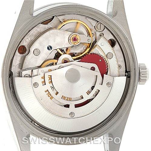 This image shows the internal mechanism of a Rolex Air-King 14000 Men's Stainless Steel Pink Dial 14000 Men's Stainless Steel Pink Dial watch, viewed from the back.