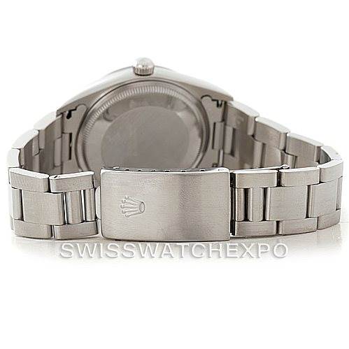 This Air-King model by Rolex is shown from the back, featuring the case back, bracelet, and clasp with the Rolex logo.