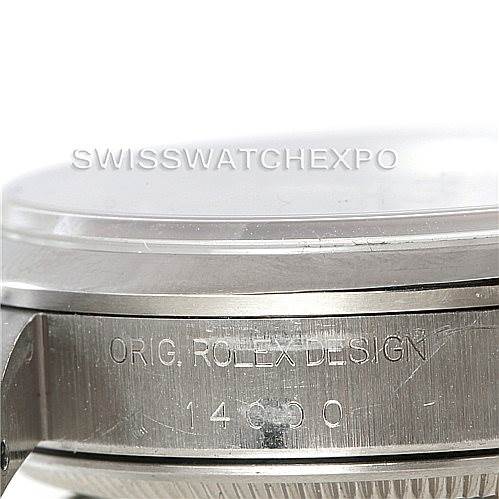 This image shows a close-up side view of a Rolex Air-King 14000 Men's Stainless Steel Pink Dial 14000 Men's Stainless Steel Pink Dial, focusing on the engraved case and the watch bezel.