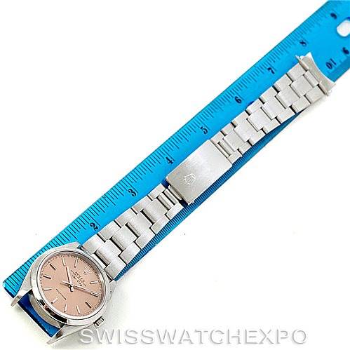 The image shows a top-down view of a Rolex Air-King 14000 Men's Stainless Steel Pink Dial 14000 Men's Stainless Steel Pink Dial watch laying flat next to a ruler for size reference.