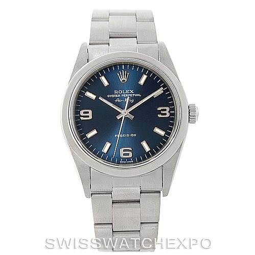 The image shows a frontal view of a Rolex Air-King 14000 Men's Stainless Steel Blue Dial 14000 Men's Stainless Steel Blue Dial watch, displaying the dial, hands, markers, case, and bracelet.