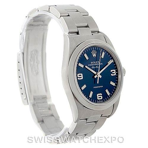 This image shows a Rolex Air-King 14000 Men's Stainless Steel Blue Dial 14000 Men's Stainless Steel Blue Dial watch from a side angle, highlighting its stainless steel bracelet and blue dial.