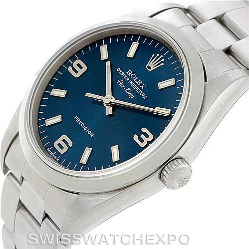This image shows a side angle of the Rolex Air-King 14000 Men's Stainless Steel Blue Dial 14000 Men's Stainless Steel Blue Dial watch, highlighting the dial, crown, and metal bracelet.