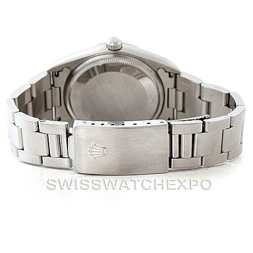 The image shows the back view of the Rolex Air-King 14000 Men's Stainless Steel Blue Dial 14000 Men's Stainless Steel Blue Dial watch, featuring its stainless steel case and bracelet with the Rolex logo on the clasp.