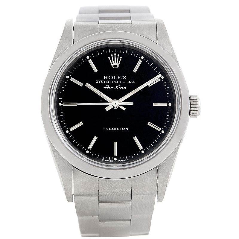 The image shows a front view of a Rolex Air-King 14000 Men's Stainless Steel Black Dial 14000 Men's Stainless Steel Black Dial watch featuring its dial, bezel, crown, and bracelet.