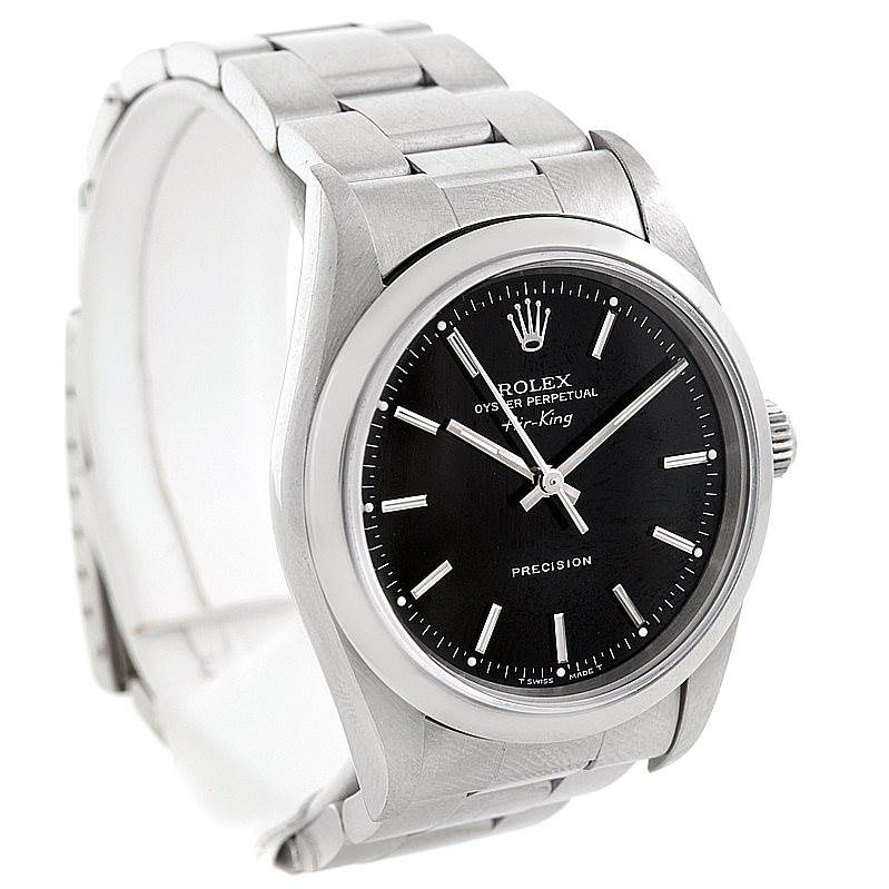 The image shows a Rolex Air-King 14000 Men's Stainless Steel Black Dial 14000 Men's Stainless Steel Black Dial watch from a three-quarter angle highlighting the dial, bezel, and bracelet.