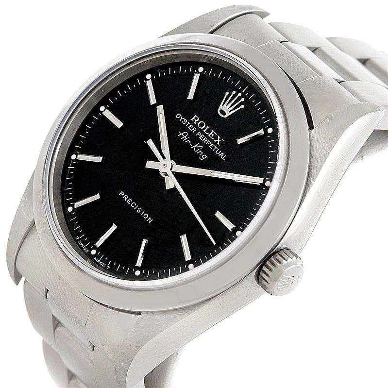 This image shows a close-up view of the Rolex Air-King 14000 Men's Stainless Steel Black Dial 14000 Men's Stainless Steel Black Dial watch featuring its dial, crown, and part of the bracelet.