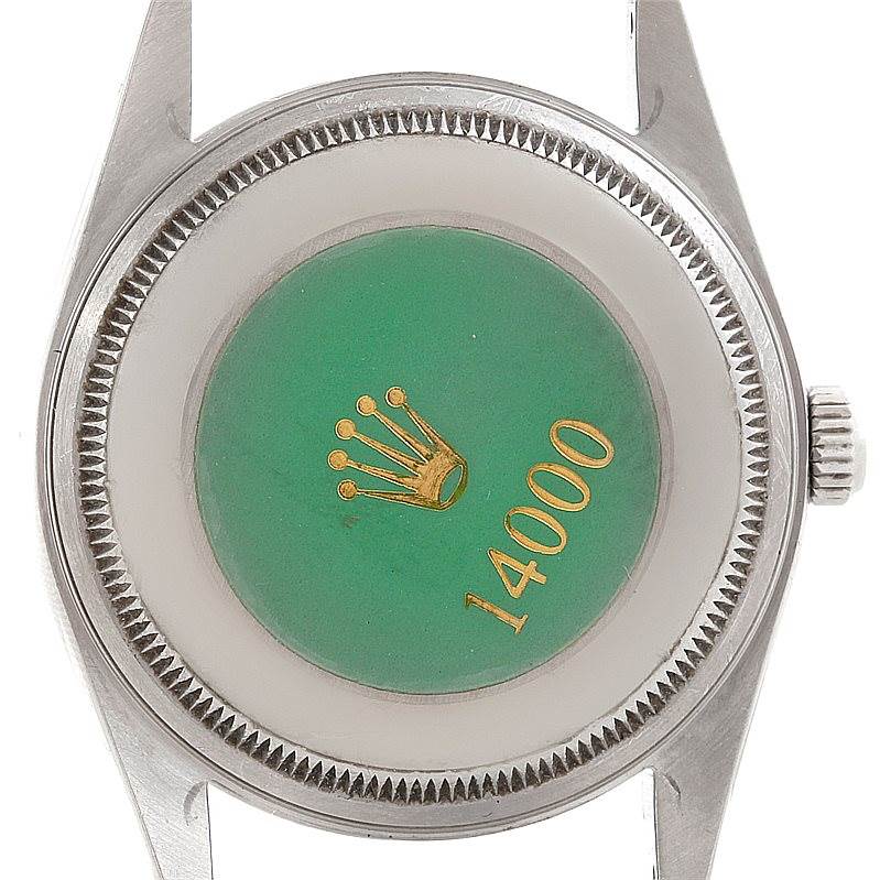 The image shows the back case of a Rolex Air-King 14000 Men's Stainless Steel Black Dial 14000 Men's Stainless Steel Black Dial watch, displaying the crown logo and the model number 14000.