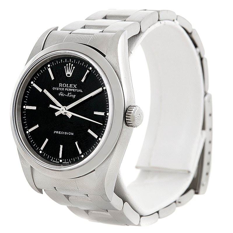 The Rolex Air-King 14000 Men's Stainless Steel Black Dial 14000 Men's Stainless Steel Black Dial watch is shown at an angle displaying the face, bezel, crown, and segments of the bracelet.