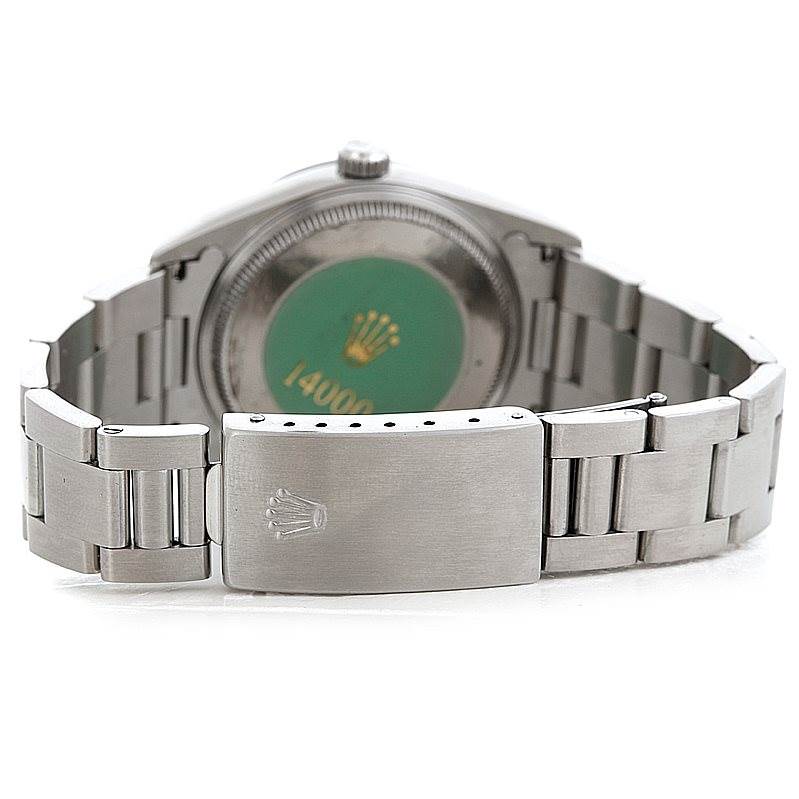 The image shows the back of a Rolex Air-King 14000 Men's Stainless Steel Black Dial 14000 Men's Stainless Steel Black Dial watch, specifically highlighting the clasp and case back.
