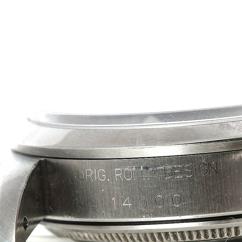 This close-up image shows the side engraving on the casing of the Rolex Air-King 14000 Men's Stainless Steel Black Dial 14000 Men's Stainless Steel Black Dial model watch.