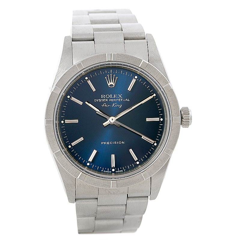 The image shows a Rolex Air-King 14010 Men's Stainless Steel Blue Dial 14010 Men's Stainless Steel Blue Dial watch from a front view, highlighting its blue dial, stainless steel casing, and bracelet.