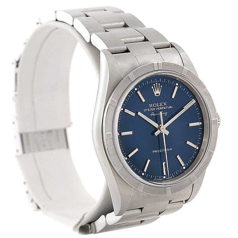 This image shows a Rolex Air-King 14010 Men's Stainless Steel Blue Dial 14010 Men's Stainless Steel Blue Dial watch at a slightly angled side view, displaying its face, bezel, and bracelet.