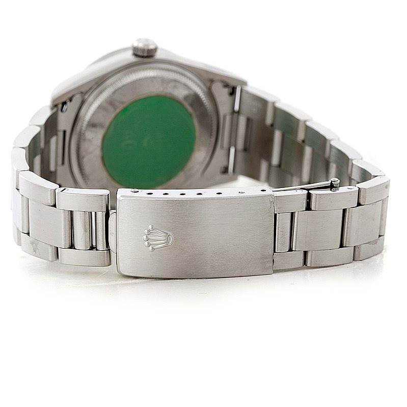 The image shows the back view of the Rolex Air-King 14010 Men's Stainless Steel Blue Dial 14010 Men's Stainless Steel Blue Dial watch, highlighting the bracelet and clasp with the Rolex logo.