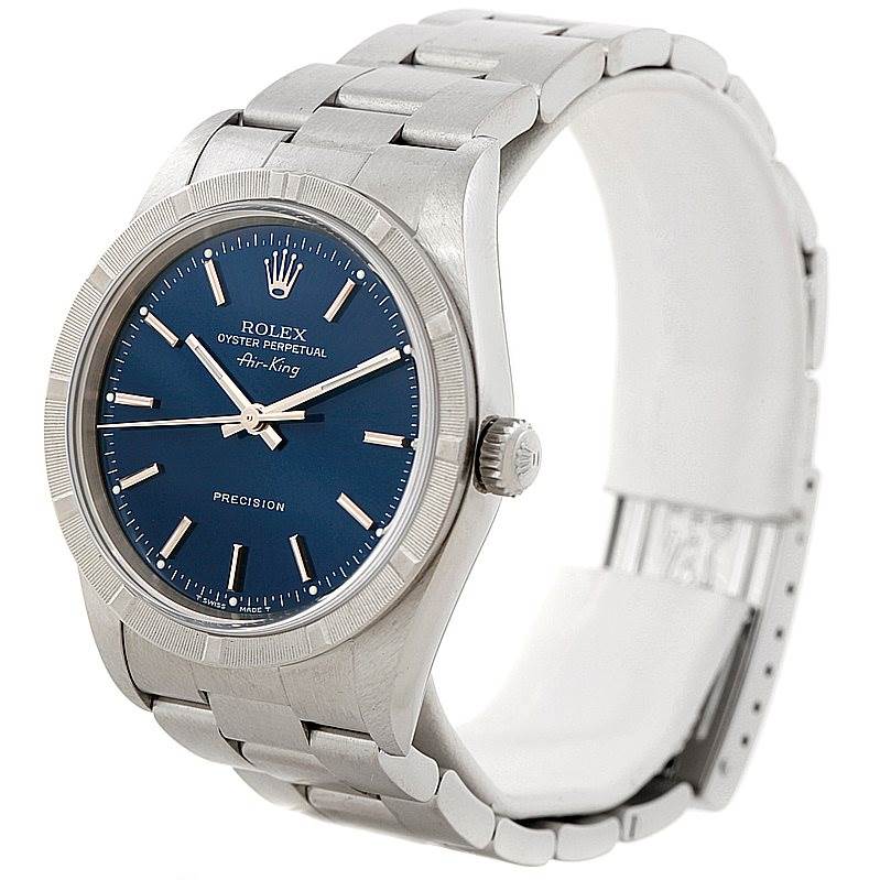 The Rolex Air-King 14010 Men's Stainless Steel Blue Dial 14010 Men's Stainless Steel Blue Dial watch is shown at a slight angle, displaying the face, crown, bezel, and part of the bracelet.