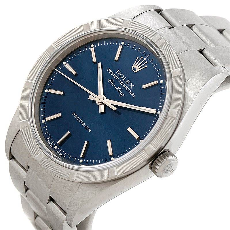 The image shows a Rolex Air-King 14010 Men's Stainless Steel Blue Dial 14010 Men's Stainless Steel Blue Dial watch at an angled side view, featuring the dial, bezel, crown, and part of the bracelet.