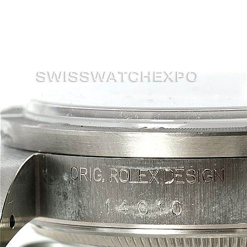This close-up image shows the side view of the case of the Rolex Air-King 14010 Men's Stainless Steel Blue Dial 14010 Men's Stainless Steel Blue Dial watch, highlighting the engraved text "ORIG. ROLEX DESIGN 14000."