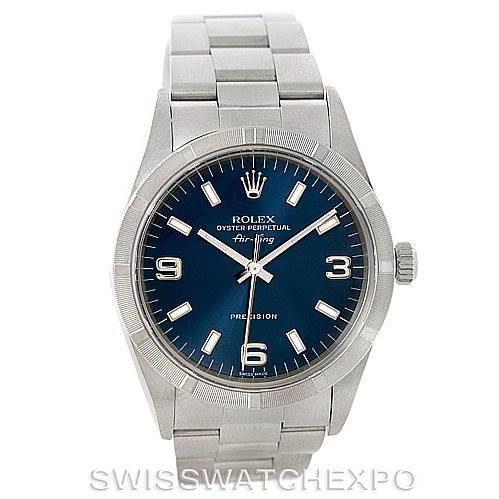 The image shows a front view of a Rolex Air-King 14010 Men's Stainless Steel Blue Dial 14010 Men's Stainless Steel Blue Dial watch, displaying the face, bezel, crown, and part of the bracelet.