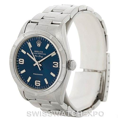 The image shows a Rolex Air-King 14010 Men's Stainless Steel Blue Dial 14010 Men's Stainless Steel Blue Dial watch from an angled view, highlighting its blue dial, stainless steel case, and bracelet.