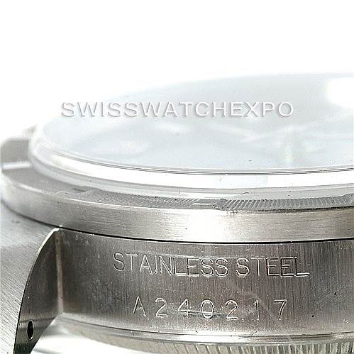 This is a close-up of the side of a Rolex Air-King 14010 Men's Stainless Steel Blue Dial 14010 Men's Stainless Steel Blue Dial watch, showing the case and stainless steel engraving.