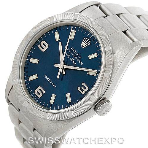 This image shows a Rolex Air-King 14010 Men's Stainless Steel Blue Dial 14010 Men's Stainless Steel Blue Dial watch at a slight angle, displaying the face, crown, bezel, and a portion of the bracelet.
