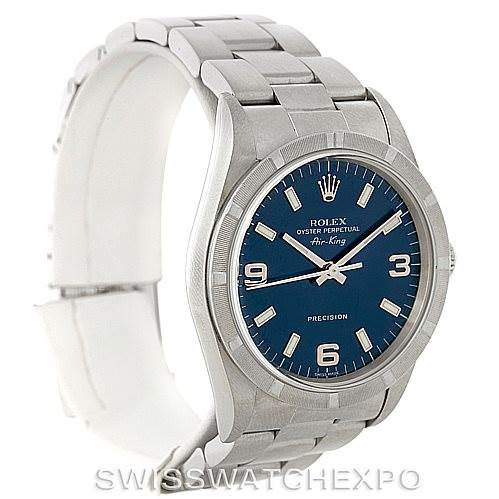 This image shows an angled view of the Rolex Air-King 14010 Men's Stainless Steel Blue Dial 14010 Men's Stainless Steel Blue Dial watch, highlighting its blue dial, markers, and stainless steel bracelet.