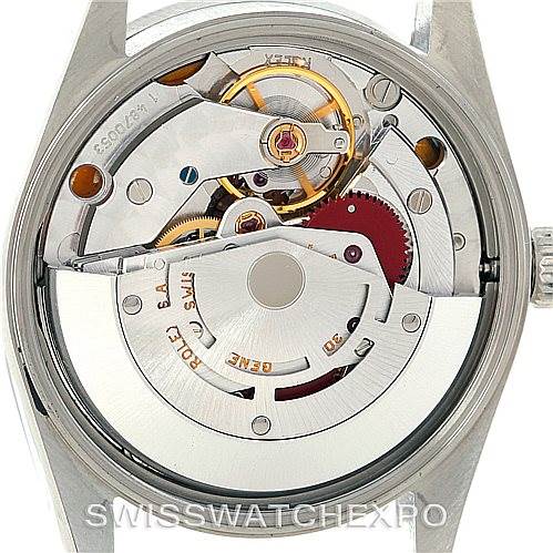This image shows the movement and intricate internal mechanism of a Rolex Air-King 14010 Men's Stainless Steel Blue Dial 14010 Men's Stainless Steel Blue Dial watch from a rear view.