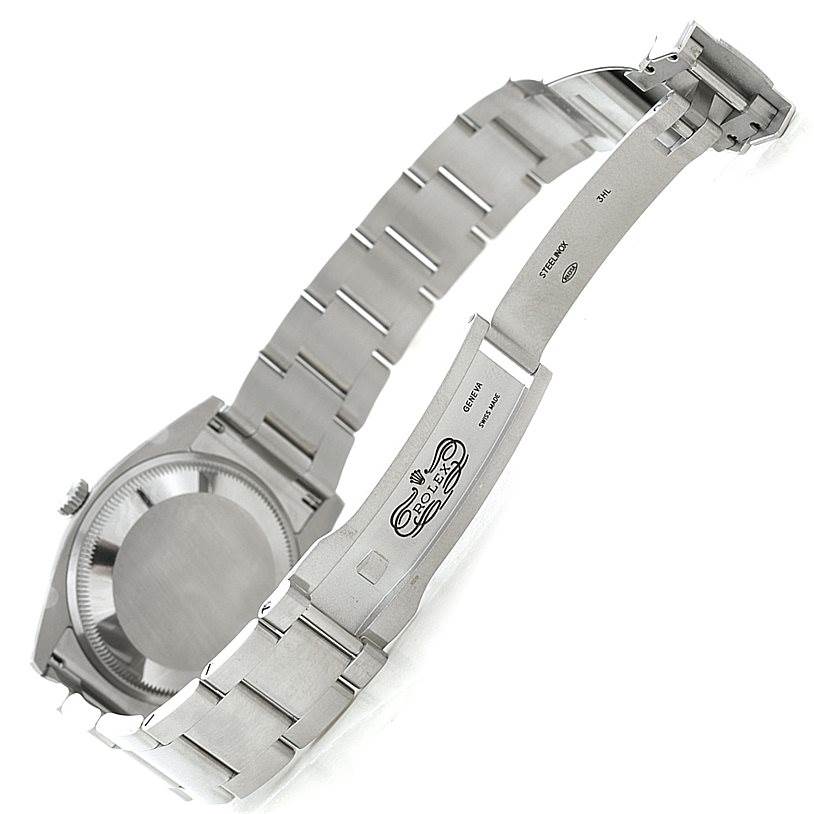 This image shows the back and the opened bracelet of the Rolex Air-King 114200 Men's Stainless Steel Blue Dial 114200 Men's Stainless Steel Blue Dial watch, highlighting the clasp and case back.