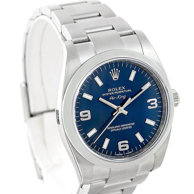 This image shows a Rolex Air-King 114200 Men's Stainless Steel Blue Dial 114200 Men's Stainless Steel Blue Dial watch from a front angle, displaying its blue dial, metal case, and bracelet.