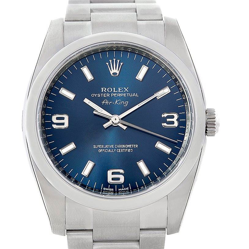 This image shows a front view of a Rolex Air-King 114200 Men's Stainless Steel Blue Dial 114200 Men's Stainless Steel Blue Dial watch, highlighting the dial, hour markers, crown, and bracelet.