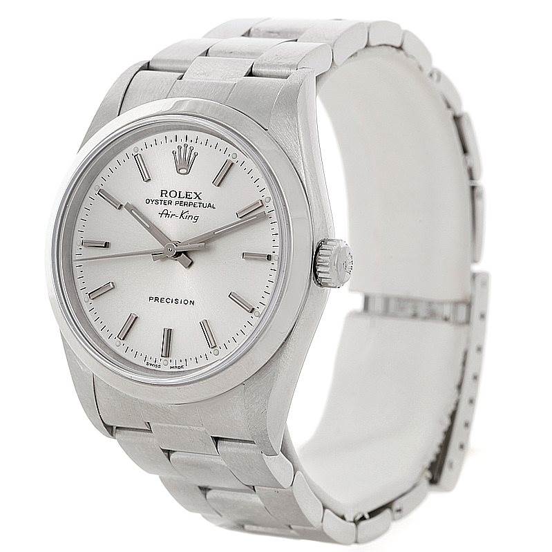 The Rolex Air-King 14000 Men's Stainless Steel Silver Dial 14000 Men's Stainless Steel Silver Dial watch is shown at a slight angle displaying its face, crown, and metal bracelet.