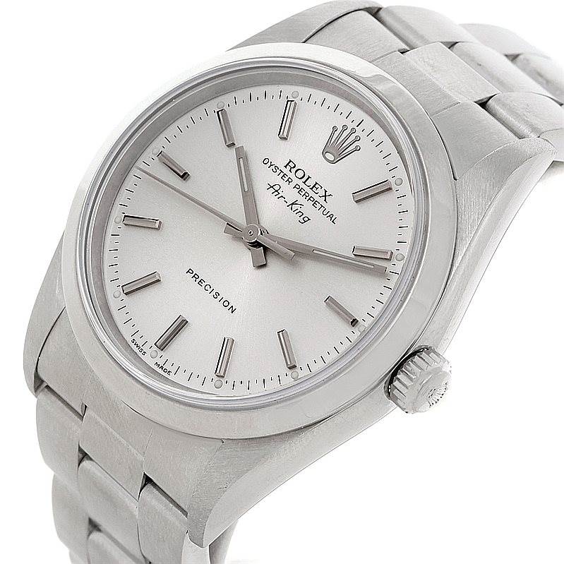 The Rolex Air-King 14000 Men's Stainless Steel Silver Dial 14000 Men's Stainless Steel Silver Dial watch is shown at an angled view displaying the face, bezel, crown, and band.