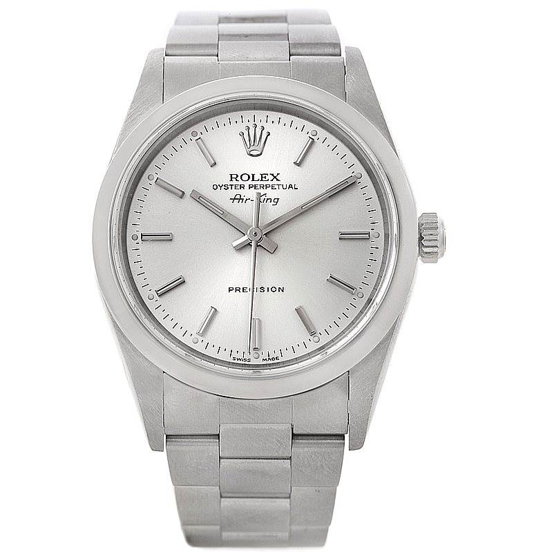 The image shows a front view of a Rolex Air-King 14000 Men's Stainless Steel Silver Dial 14000 Men's Stainless Steel Silver Dial watch, displaying the dial, bezel, crown, and bracelet.