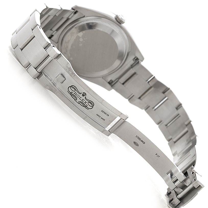 The image shows the back, clasp, and bracelet of a Rolex Air-King 114210 Men's Stainless Steel Blue Dial 114210 Men's Stainless Steel Blue Dial watch from a slightly oblique angle.