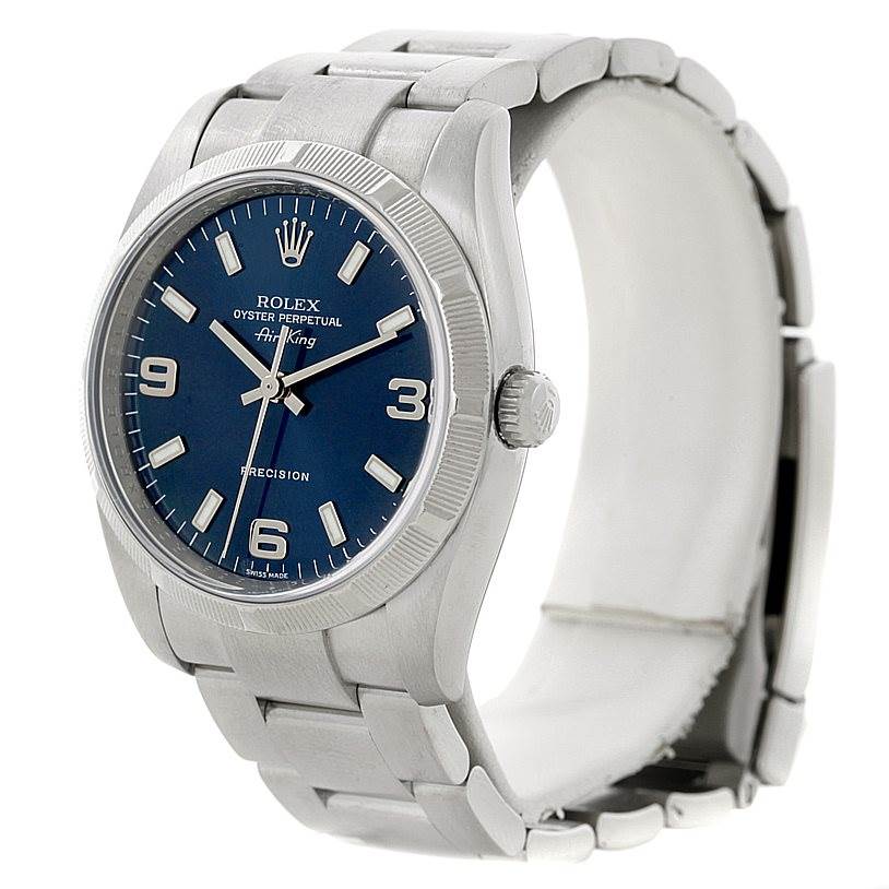 This Rolex Air-King 114210 Men's Stainless Steel Blue Dial 114210 Men's Stainless Steel Blue Dial watch is shown from a three-quarter angle, displaying its blue face, metal case, crown, and bracelet.