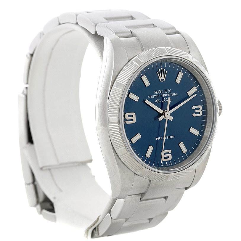 The image shows a Rolex Air-King 114210 Men's Stainless Steel Blue Dial 114210 Men's Stainless Steel Blue Dial model watch viewed from a slight angle, highlighting the face, bezel, and metal bracelet.