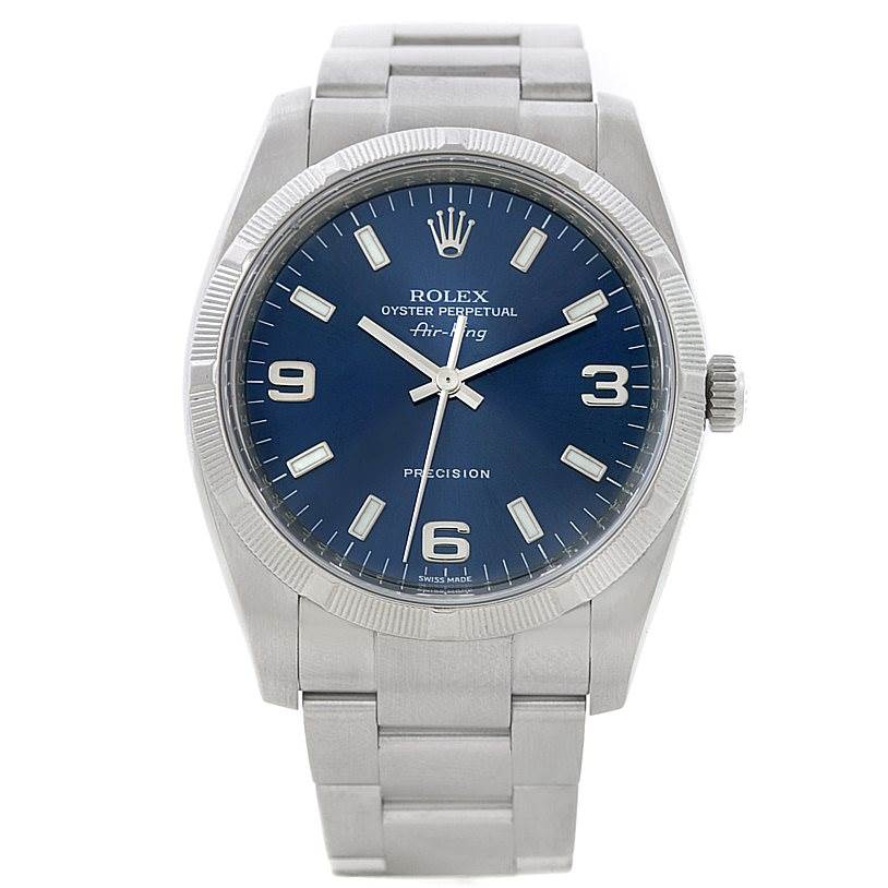 This is a front view of the Rolex Air-King 114210 Men's Stainless Steel Blue Dial 114210 Men's Stainless Steel Blue Dial watch showcasing the dial, hour markers, hands, crown, and bracelet.