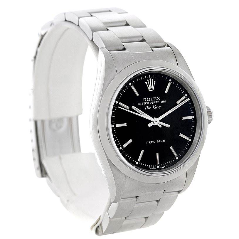 The Rolex Air-King 14000 Men's Stainless Steel Black Dial 14000 Men's Stainless Steel Black Dial watch is angled showing the face, bezel, and part of the bracelet.