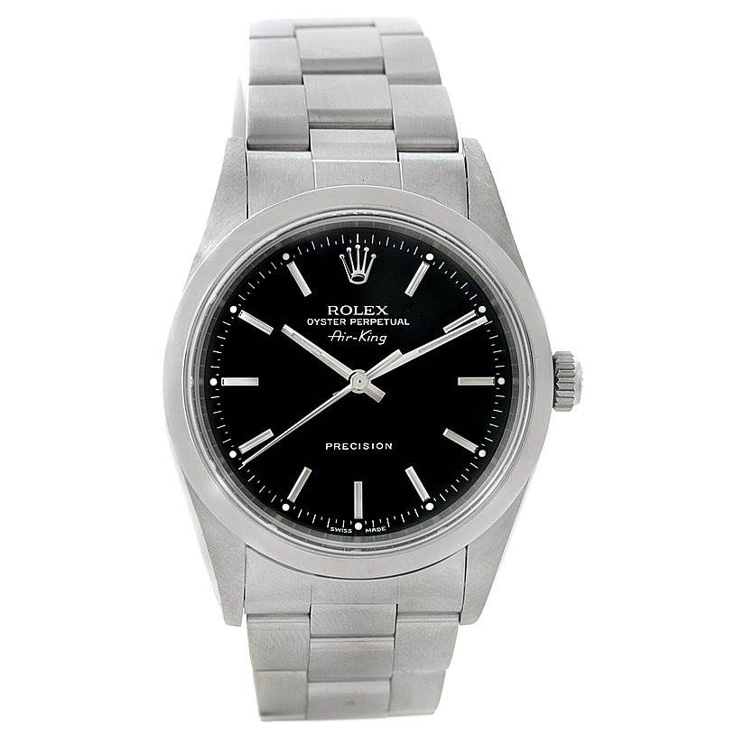This image shows a front view of a Rolex Air-King 14000 Men's Stainless Steel Black Dial 14000 Men's Stainless Steel Black Dial watch featuring its dial, bezel, case, and bracelet.