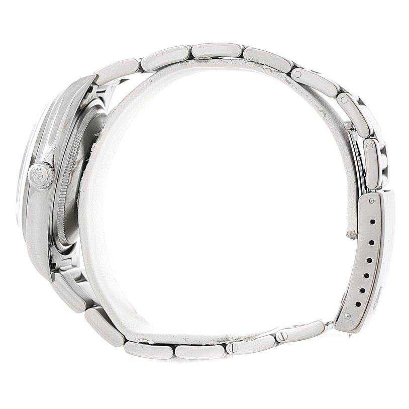 Side view of a Rolex Air-King 14000 Men's Stainless Steel Black Dial 14000 Men's Stainless Steel Black Dial watch showing the bracelet, case, and crown.