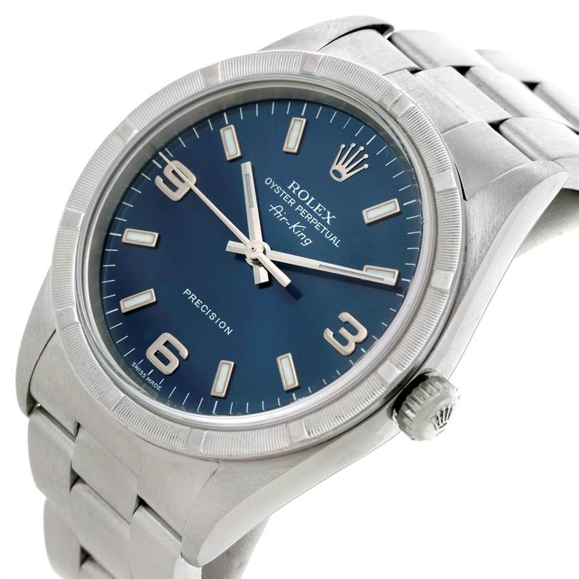 The image shows a Rolex Air-King 14010 Men's Stainless Steel Blue Dial 14010 Men's Stainless Steel Blue Dial watch from an angled side view, highlighting its dial, case, bezel, and part of the bracelet.