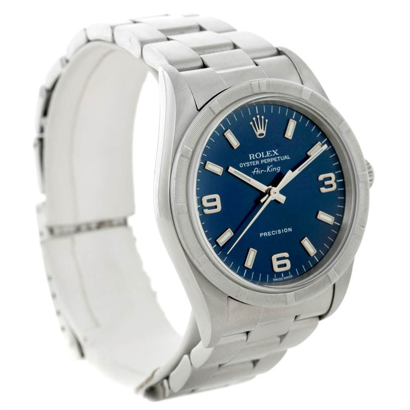 This Rolex Air-King 14010 Men's Stainless Steel Blue Dial 14010 Men's Stainless Steel Blue Dial watch is shown at a slight side angle, displaying its blue dial, stainless steel case, and bracelet.
