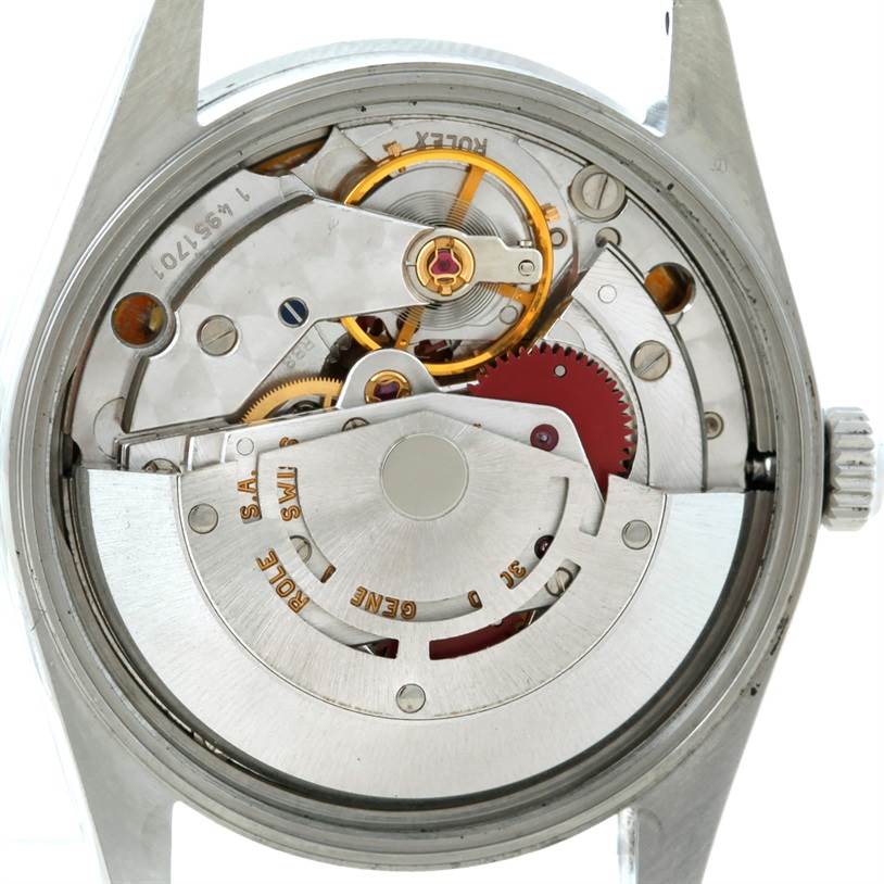 The image shows the internal movement and mechanism of a Rolex Air-King 14010 Men's Stainless Steel Blue Dial 14010 Men's Stainless Steel Blue Dial watch from a rear angle without its case back.