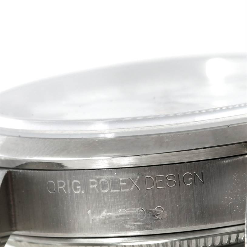 The image shows a close-up of the case side and bezel of a Rolex Air-King 14000 Men's Stainless Steel White Dial 14000 Men's Stainless Steel White Dial watch, highlighting the engraved text.
